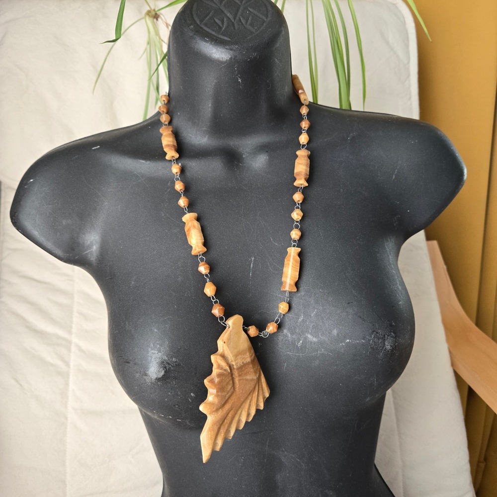 Vintage Carved agate? Native American Chief Pendant Necklace Earthy Beads